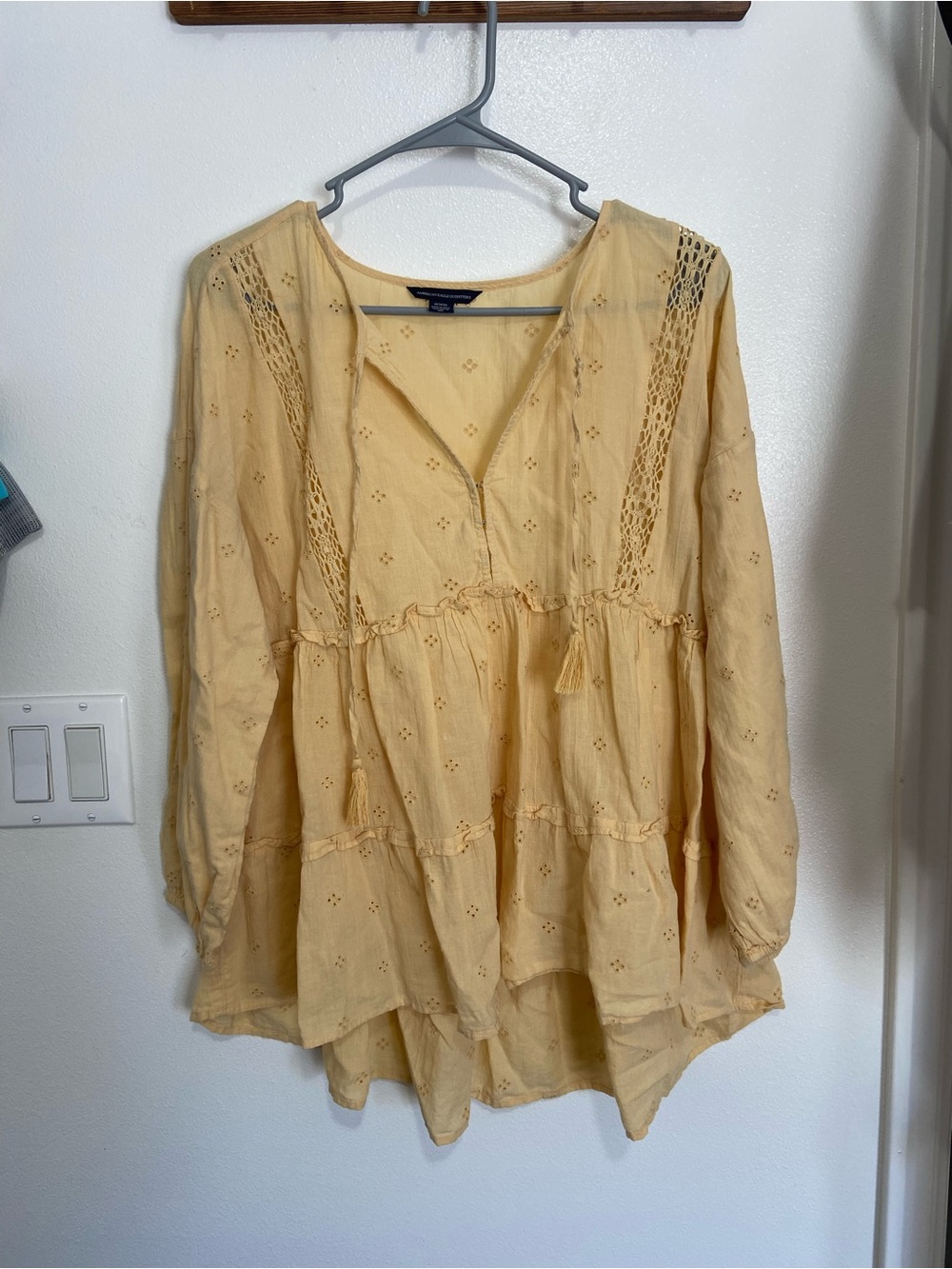 American Eagle Outfitters Light Yellow Embroidered Peasant Blouse